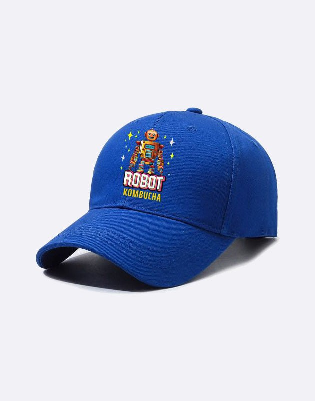 Stylish blue ROBOT Cap with vibrant robot graphic design for tech enthusiasts.