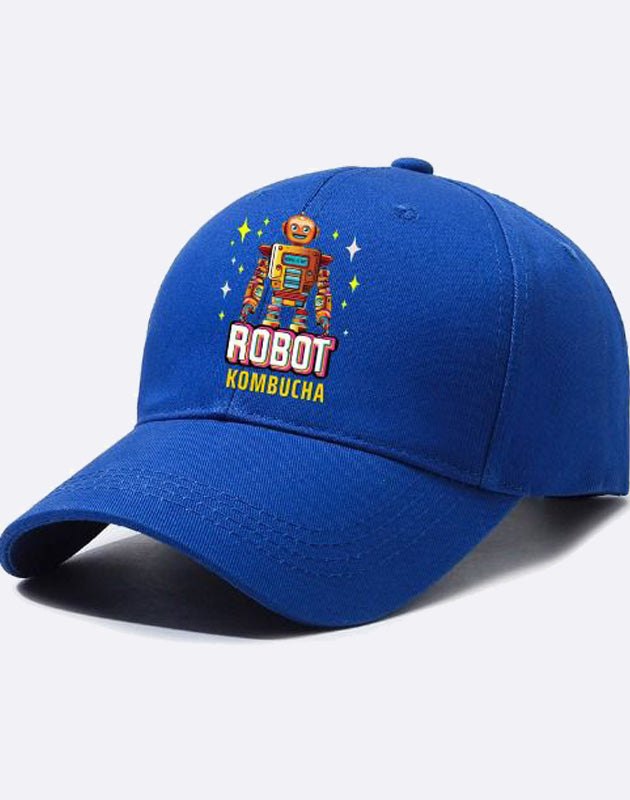 Stylish blue ROBOT Cap with vibrant robot graphic design for tech enthusiasts.
