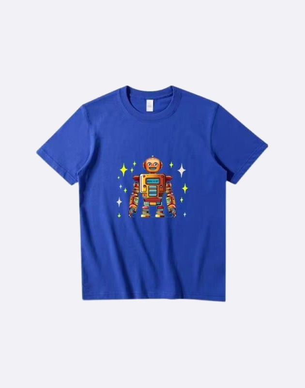 Blue ROBOT T-Shirt featuring a futuristic robot graphic, suitable for men and women.