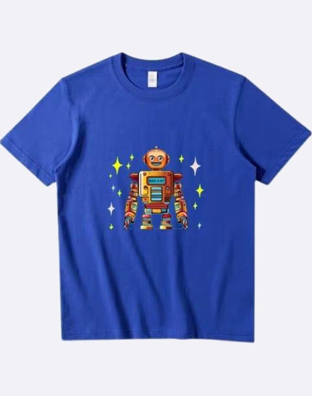 Blue ROBOT T-Shirt featuring a futuristic robot graphic, suitable for men and women.