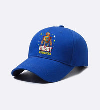 Stylish blue ROBOT Cap with vibrant robot graphic design for tech enthusiasts.
