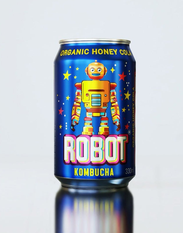 Organic Honey Cola Kombucha can with colorful robot design and starry background.