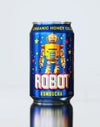 Organic Honey Cola Kombucha can with colorful robot design and starry background.