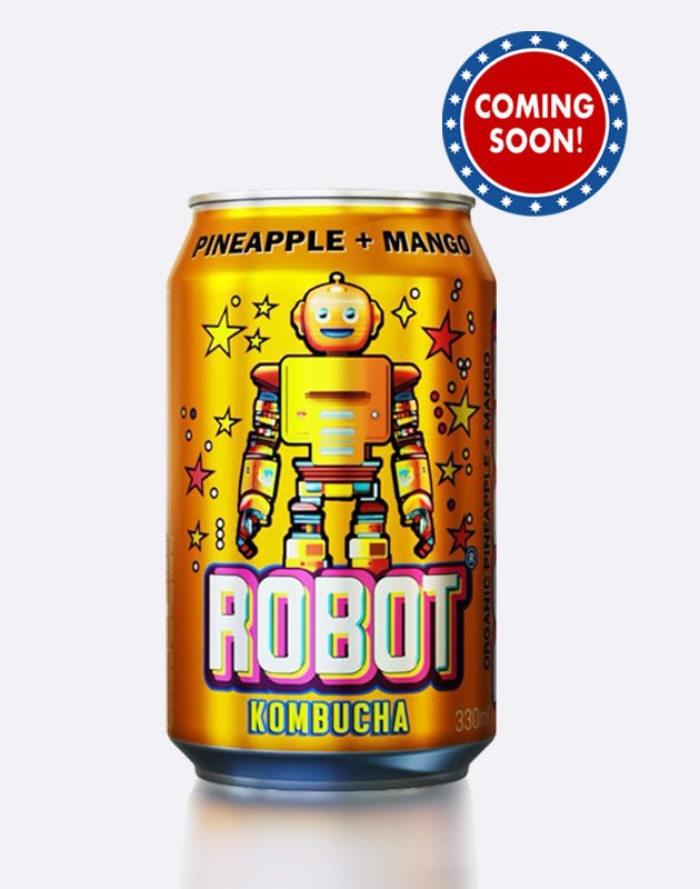 Organic Pineapple & Mango Kombucha can with robot design, coming soon.
